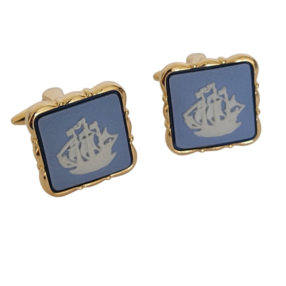 Wedgwood Jasperware Blue Sailing Ship Cufflinks Gold Tone Square Made in England